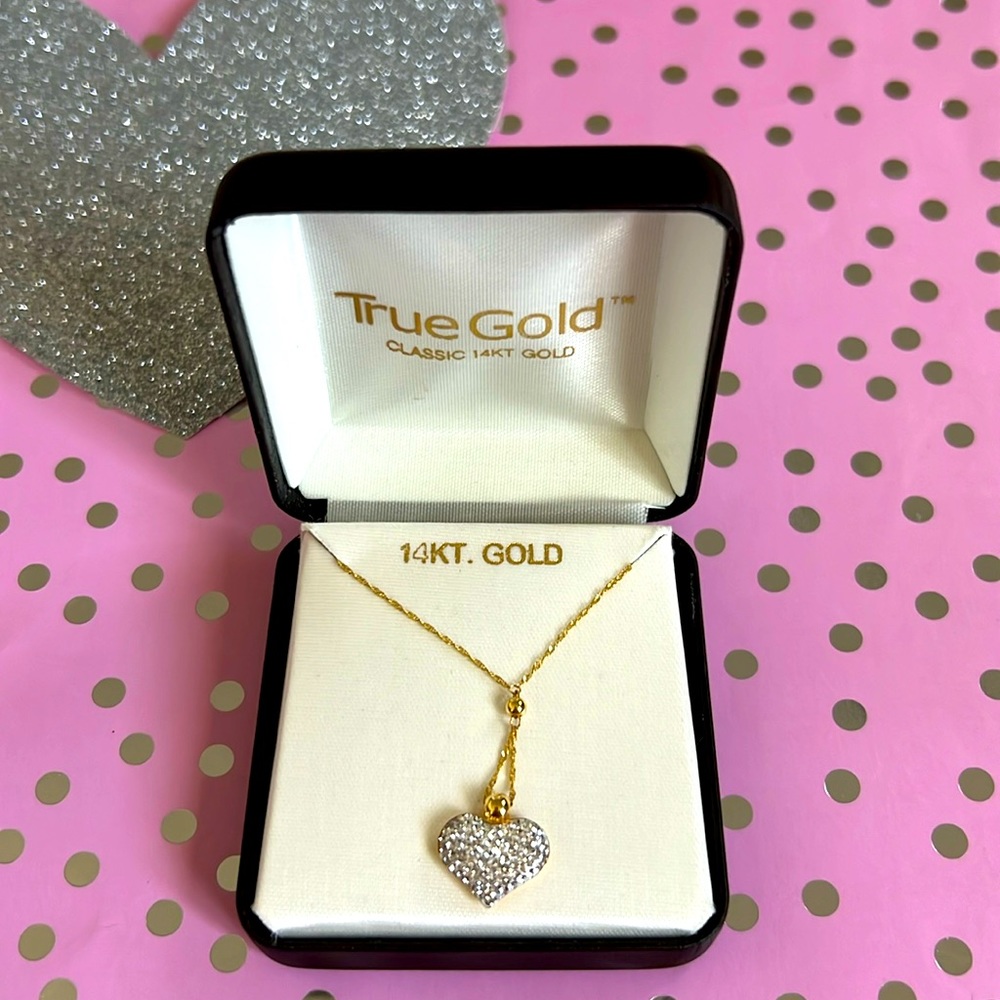 14K Gold Swarovski Crystals Puffed Heart Drop Pendant & Necklace